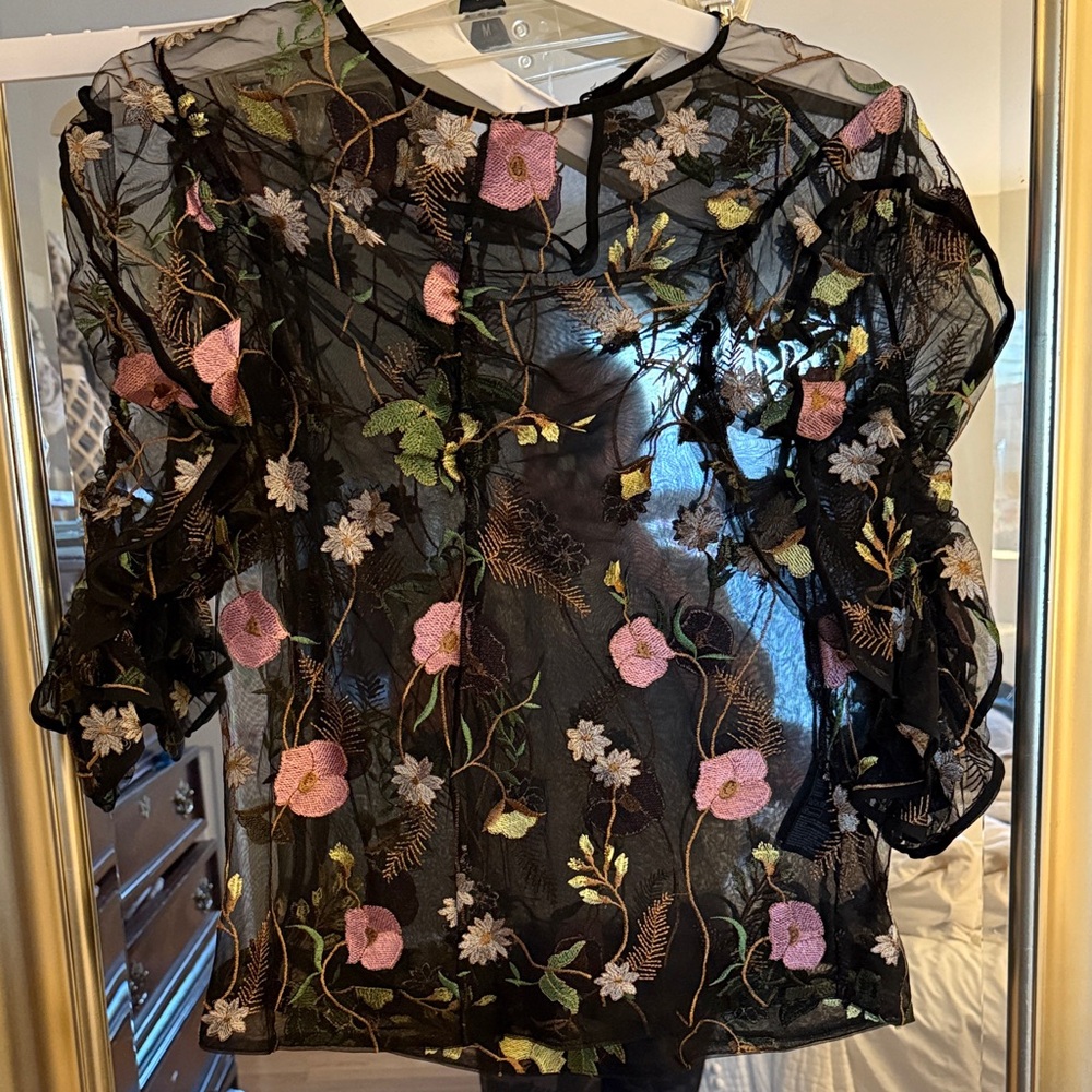 H&M Floral Embroidered Sheer Black Top